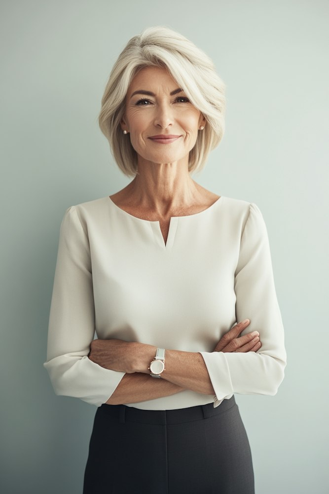 Portrait of Lena Hartmann, a woman with a silver bob in a cream blouse, arms crossed against a pale blue wall