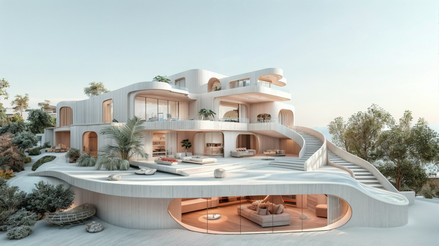 Curving white timber-clad villa with wide glass openings, sweeping staircases and planted terraces
