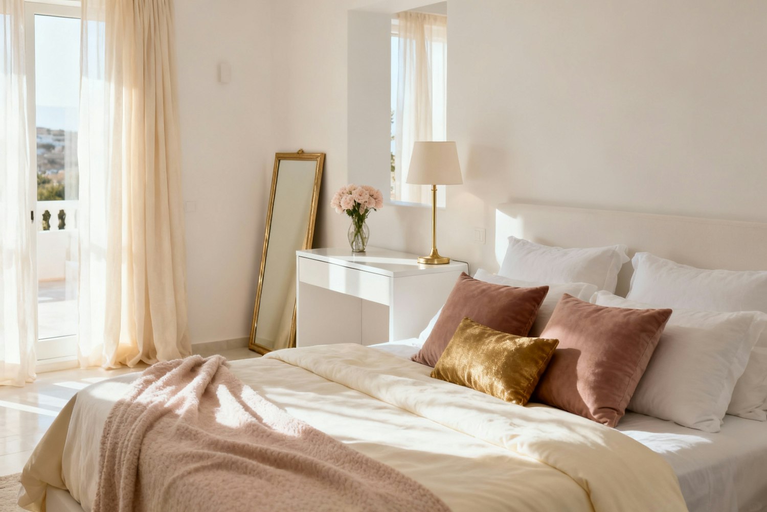 Sunlit hotel bedroom with white linen, dusty pink cushions and sheer curtains framing a balcony
