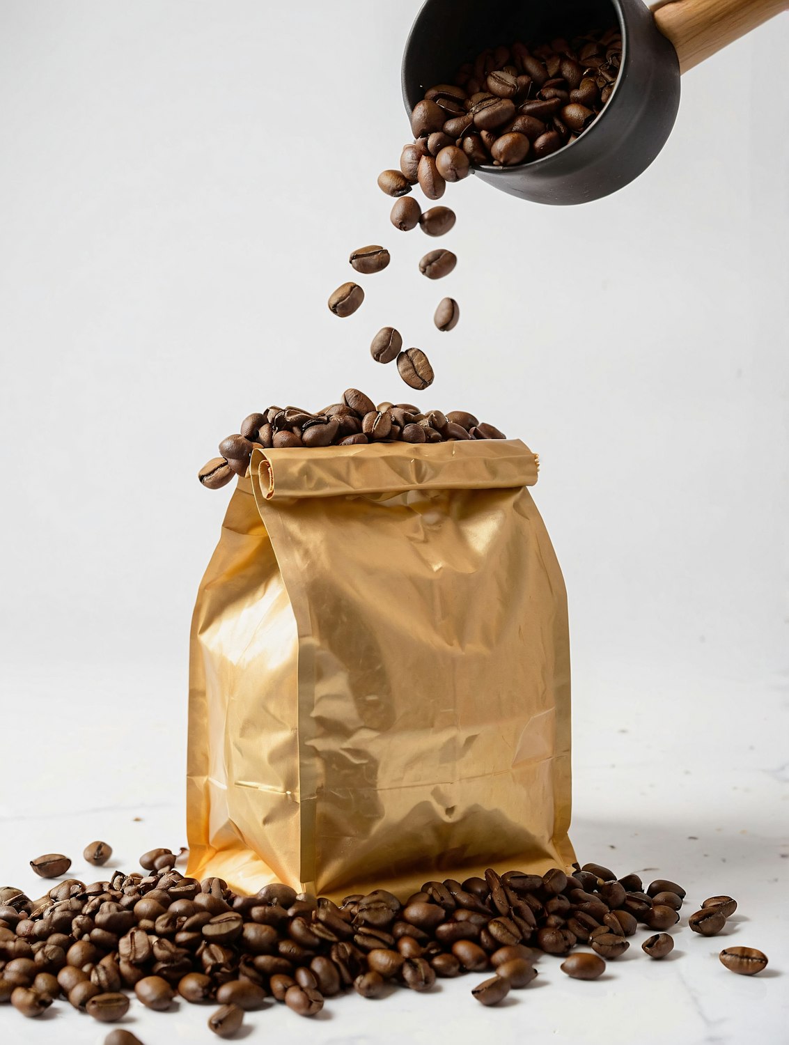 Roasted coffee beans pouring from a black scoop into a gold coffee bag on a white surface