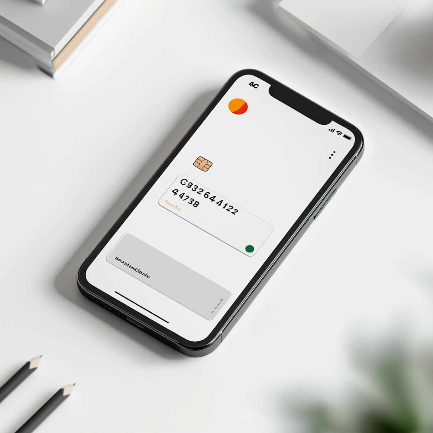 Smartphone showing a payment card screen, lying on a white desk next to two pencils